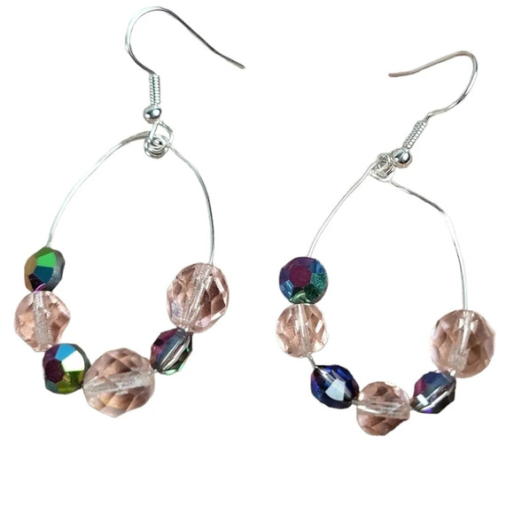 Handcrafted GLASS Disco Ball Rainbow Rondelle Hoop Earrings - Picture 2 of 2